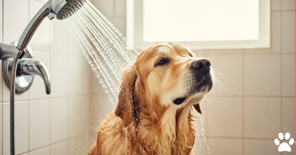 Golden Retriever taking shower