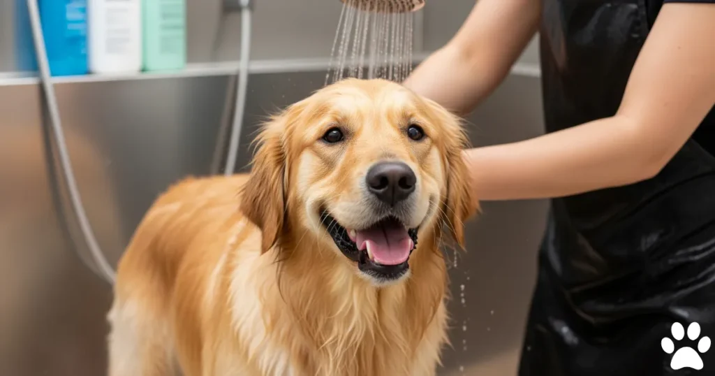 Bath Golden Retriever after Summer Cut