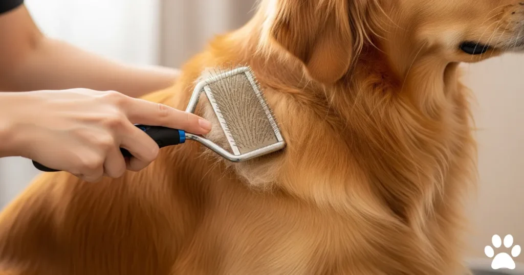 Slicker brush for grooming a Golden Retriever