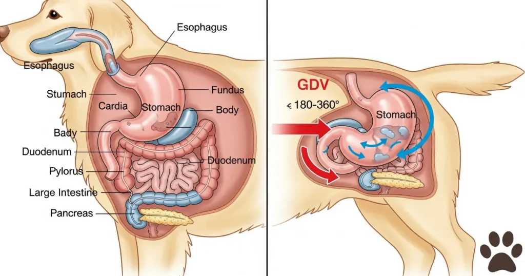 Anatomy of the Twisted stomach in Golden Retriever