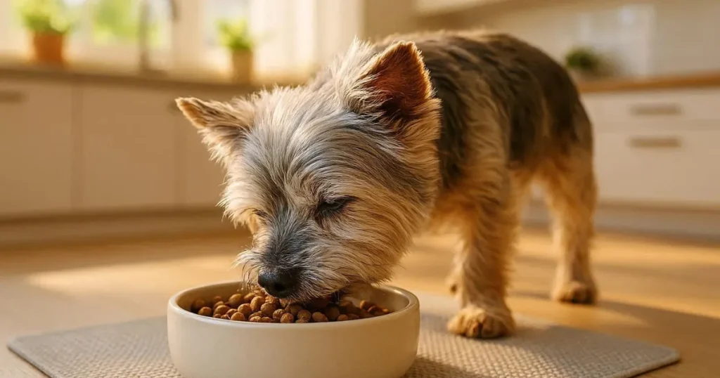 Good Senior Dog Food: Small Breed Senior Eating Comfortably