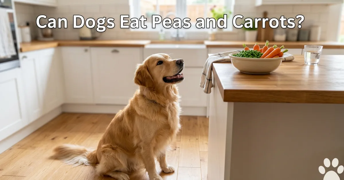 Golden Retriever looking at a bowl of peas and carrots showing dogs can eat both safely