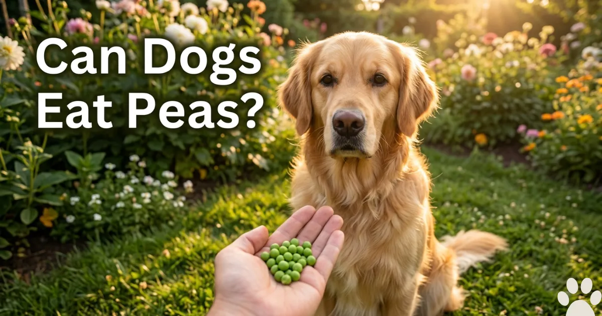Golden Retriever waiting to eat fresh peas from owner's hand in garden setting