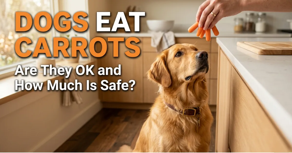 Golden Retriever waiting as owner holds baby carrots showing dogs eat carrots safely