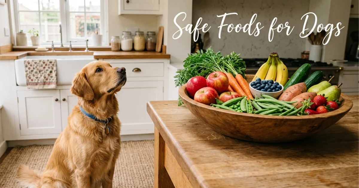 Golden Retriever looking at bowl of safe foods for dogs in a kitchen