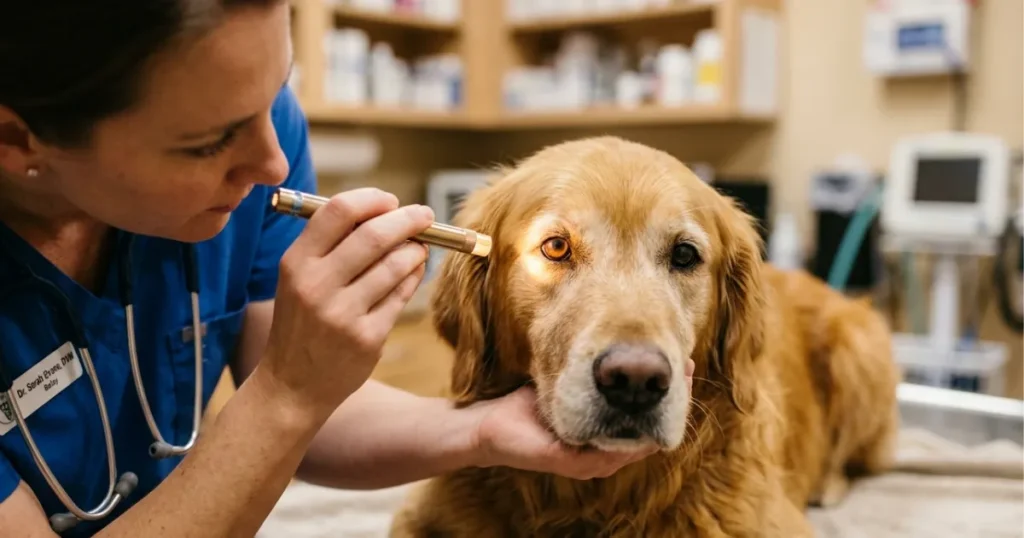 Dog Eye Health Issues: Vet examining Golden Retriever iris for dog eye health issues including pigmentary uveitis