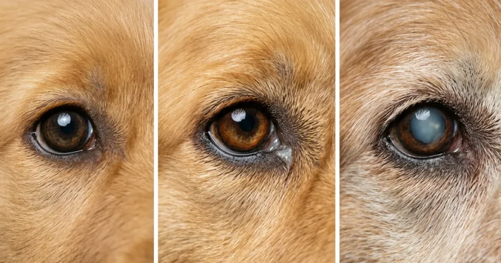 Dog Eye Problems Pictures: Dog eye health issues by age in Golden Retrievers, showing puppy adult and senior changes