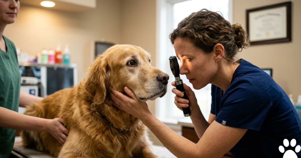 Dog Eye Problems: A senior Golden Retriever undergoing ocular pressure screening — a check I recommend annually for any Golden over age 7.