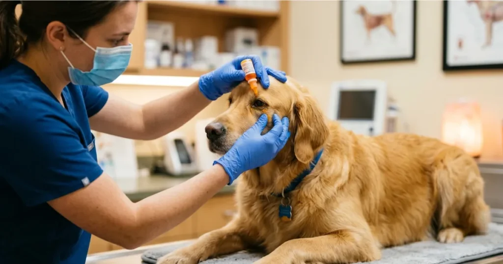 Dog Squinting: Golden Retriever dog squinting one eye showing early sign of canine eye irritation