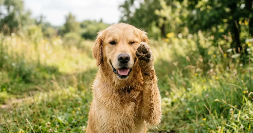 Canine Eye: Golden Retriever dog squinting and pawing at eye showing urgent canine eye pain sign