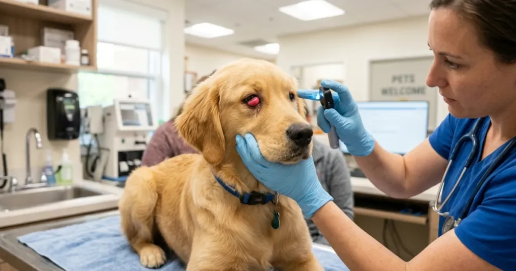Dog Third Eyelid Showing,: Vet examining Golden Retriever puppy with cherry eye causing dog third eyelid showing