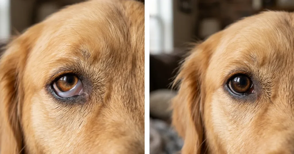 Dog Third Eyelid Showing: Comparison showing dog third eyelid showing in Golden Retriever versus normal eye appearance