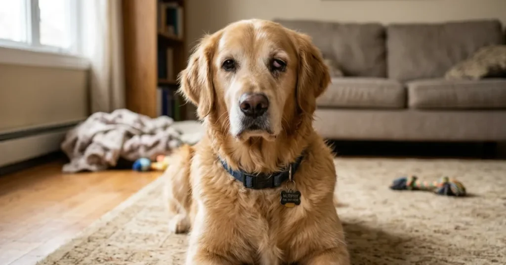 Dogs Eyelids: Golden Retriever showing Horner's syndrome signs with dog third eyelid showing and drooping eyelid