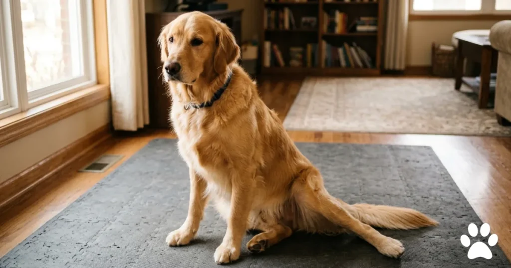 What Does Hip Dysplasia Look Like In Dogs: A consistent lateral sit like this one — rather than a square sit with both rear legs folded symmetrically — is one of the earliest observable signs of hip discomfort in Golden Retrievers.
