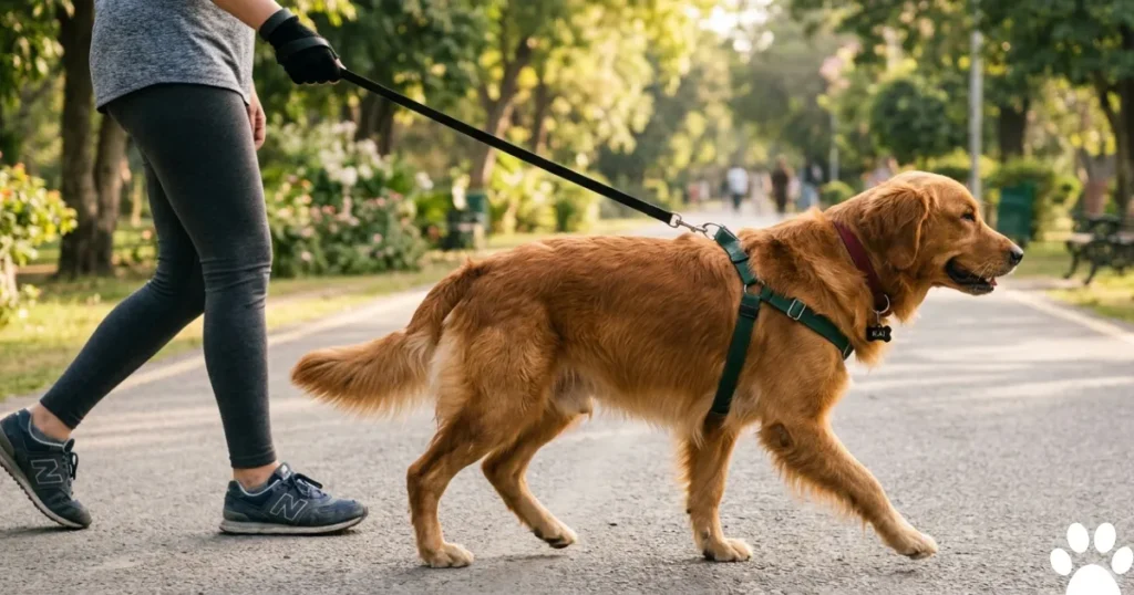 Hip Dysplasia in Dogs Treatment: Adult Golden Retriever showing shortened rear stride during walk, canine hip dysplasia symptom