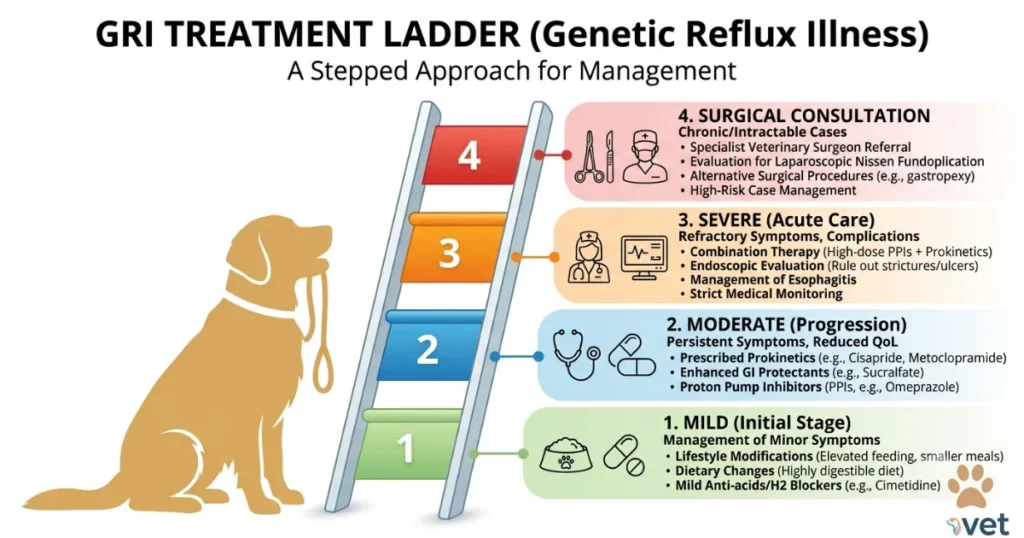 Canine Hip Dysplasia Treatment: Infographic showing GRI Treatment Ladder for canine hip dysplasia treatment in Golden Retrievers