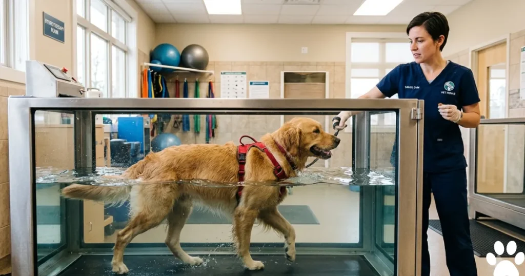 How to Treat Hip Dysplasia in Dogs: Golden Retriever undergoing hydrotherapy for hip dysplasia in dogs treatment at veterinary clinic
