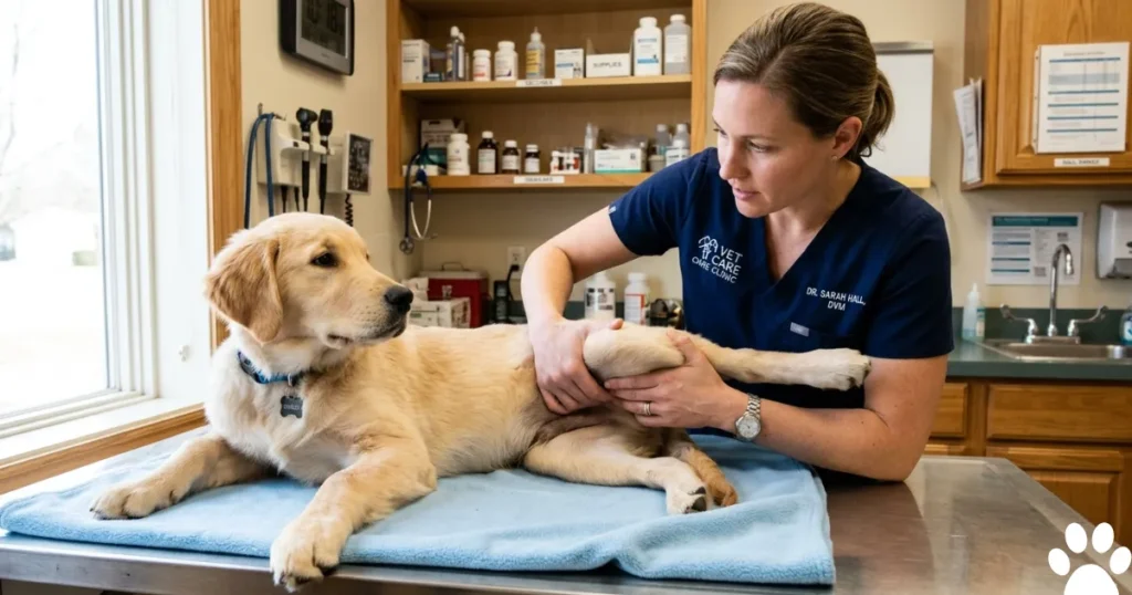 Hip Dysplasia in Dogs: Vet examining canine hip joint laxity in a Golden Retriever puppy during a hip dysplasia screening