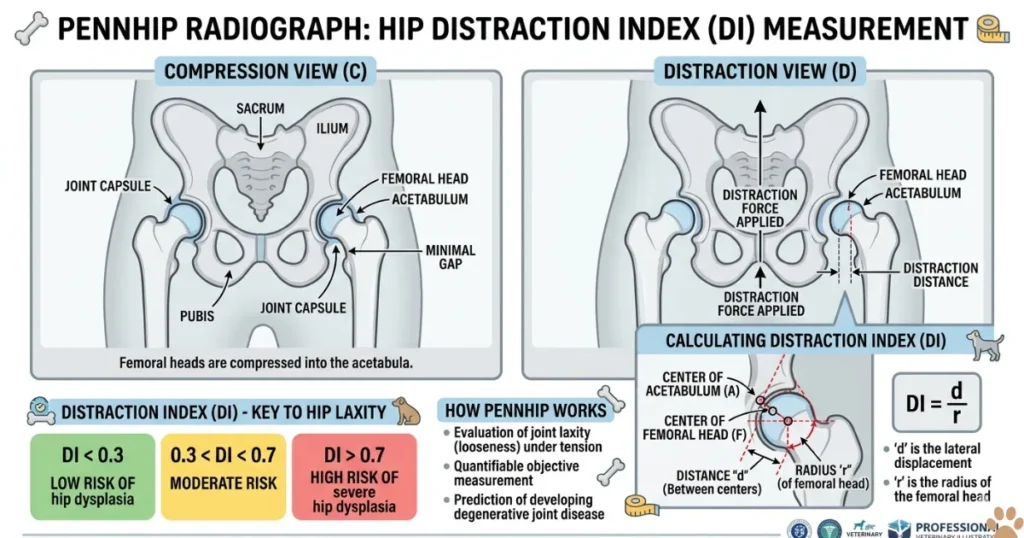Canine Hip Problems: Infographic showing PennHIP canine hip dysplasia distraction index measurement in dogs
