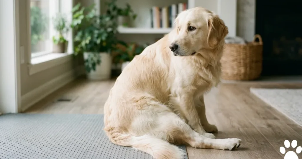 Hip Displacement in Dogs: Golden Retriever sitting with lateral hip displacement, demonstrating canine hip problem assessment