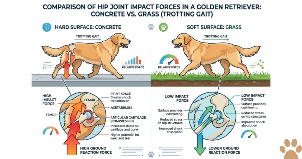 How to Prevent Hip Dysplasia in Dogs: Infographic showing surface impact difference for preventing dog joint pain in Golden Retrievers