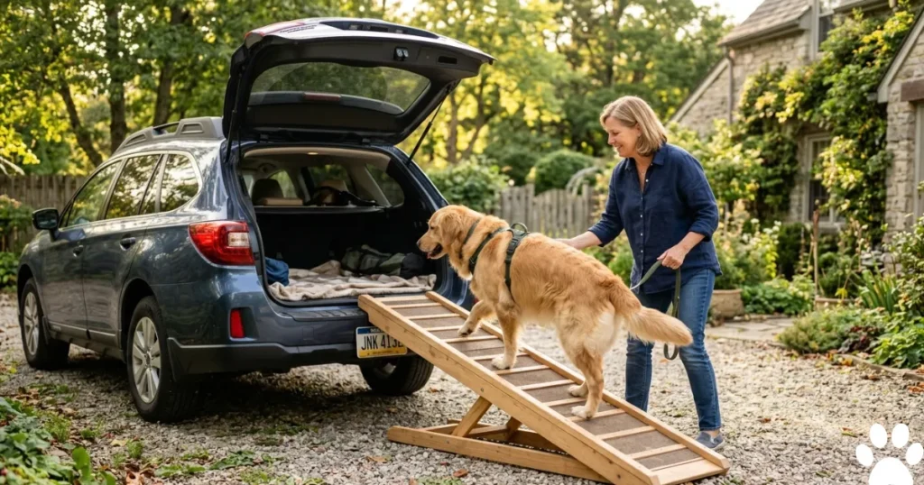 Dog Joint Pain: Adult Golden Retriever using ramp as canine joint pain management modification to prevent hip stress
