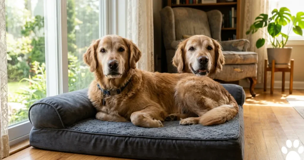Canine Joint Pain: Senior Golden Retriever at healthy weight resting as part of canine hip dysplasia prevention management
