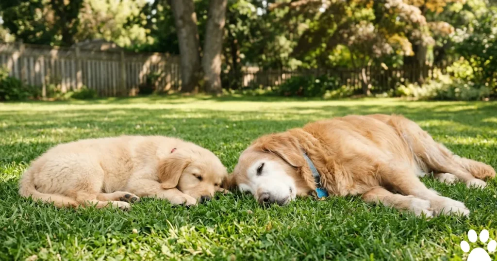 Low Thyroid in Dogs: Golden Retriever puppy beside senior dog illustrating hypothyroidism risk across canine life stages