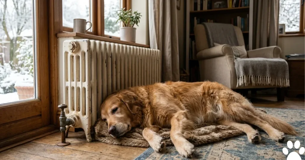 Thyroid Issues in Dogs: Golden Retriever seeking warmth indoors — cold intolerance is an early sign of hypothyroidism in dogs
