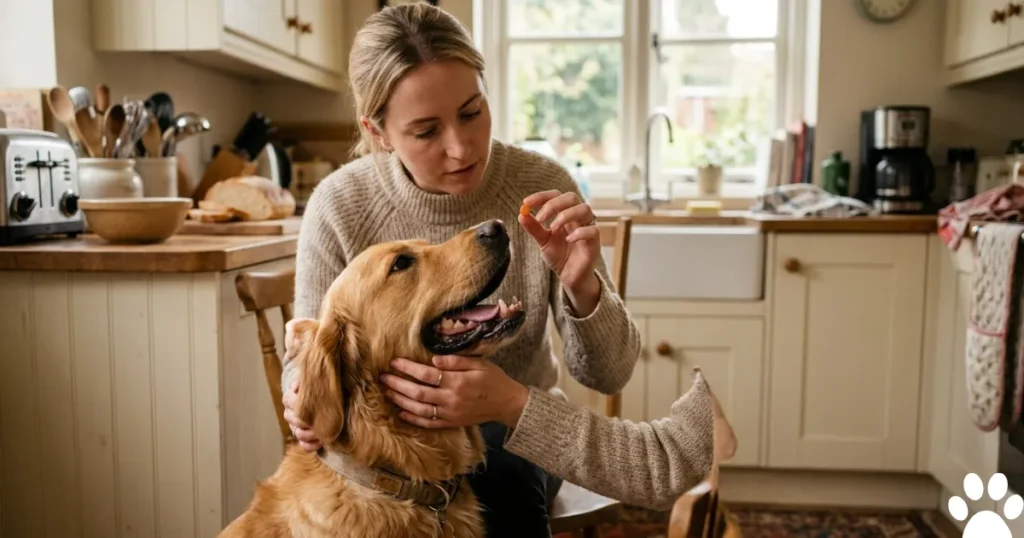 Thyroid Problems in Dogs: Owner administering levothyroxine to Golden Retriever as canine hypothyroidism treatment