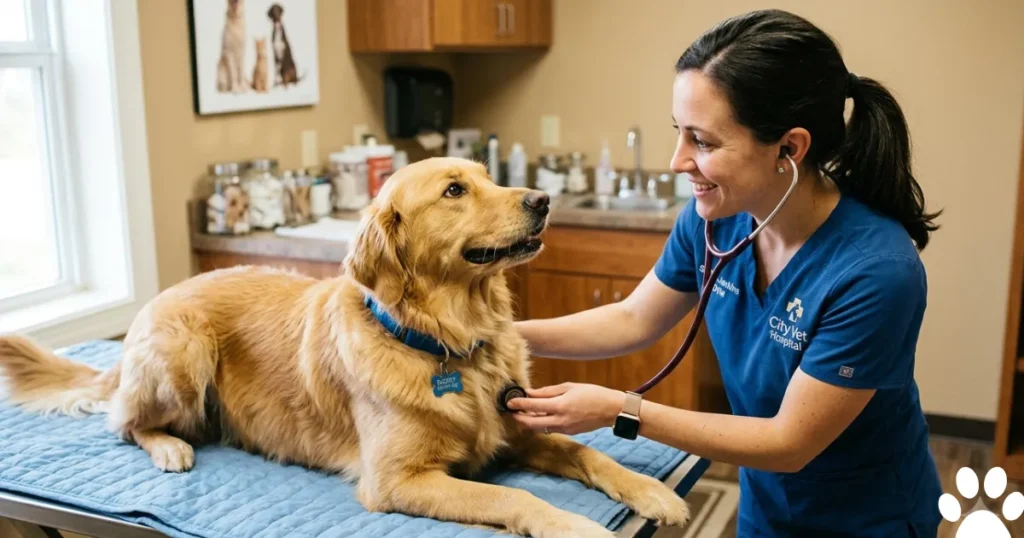 Anti Seizure Medication for Dogs: Veterinarian assessing a Golden Retriever after failed home anti seizure treatment