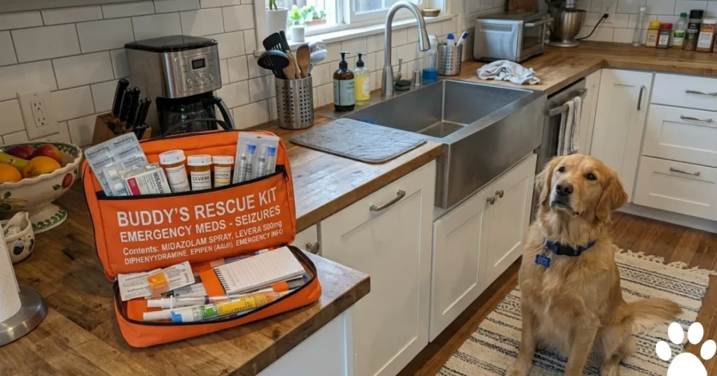 Anti Seizure Medication for Dogs: Golden Retriever beside a home rescue anti seizure medication kit for dogs
