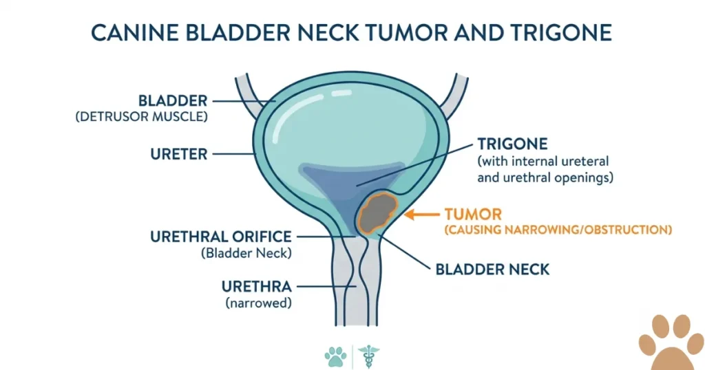Bladder Cancer Symptoms in Dogs: Diagram showing a bladder tumor at the neck causing the obstruction seen in final stage bladder cancer.