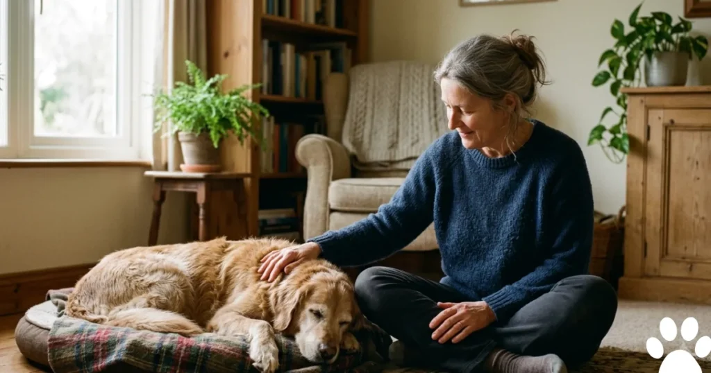 Bladder Cancer in Dogs: Real owner comforting a senior dog through the final stages of bladder cancer.