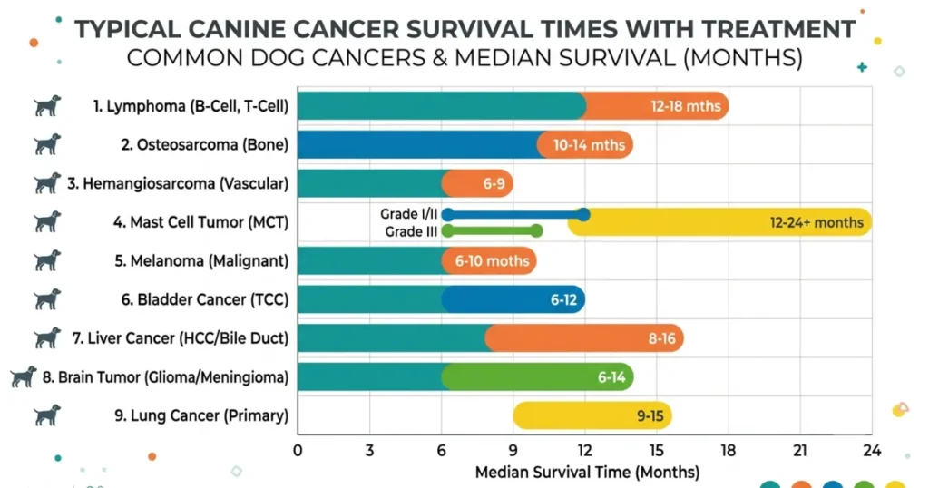 Canine Cancer Prognosis: Chart of canine cancer prognosis survival times by type with treatment.