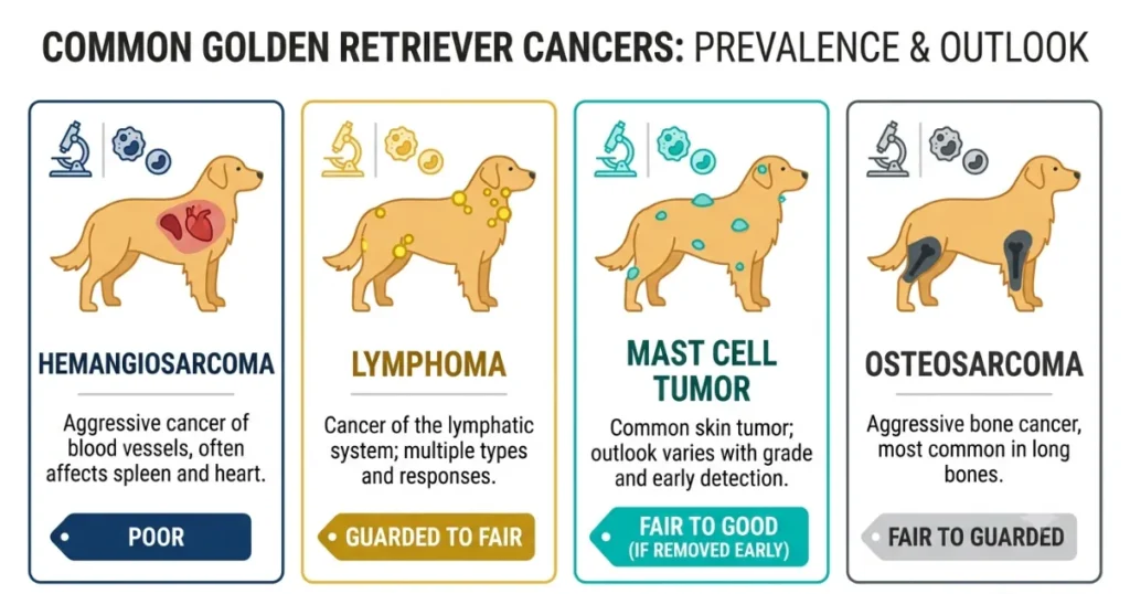 Canine Cancer Prognosis: Diagram of common Golden Retriever cancers and their differing prognosis.