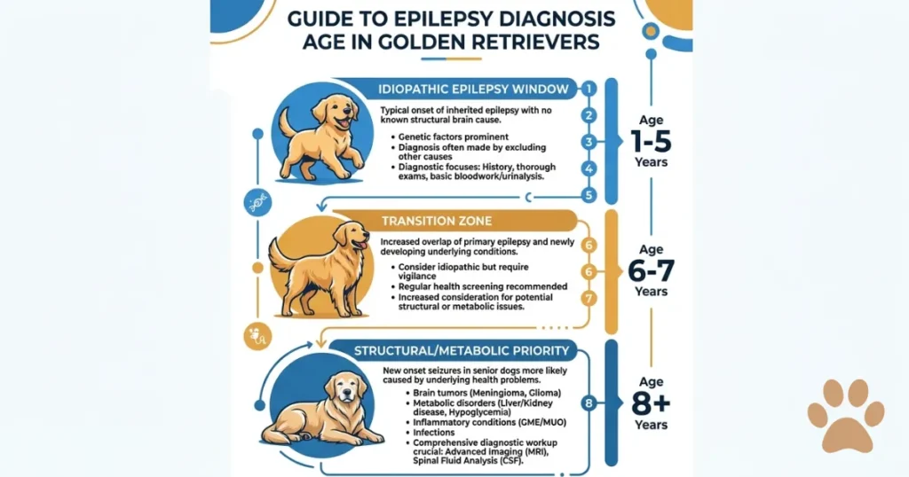 Canine Epilepsy in Dogs: Infographic showing canine epilepsy onset age windows in Golden Retrievers by life stage