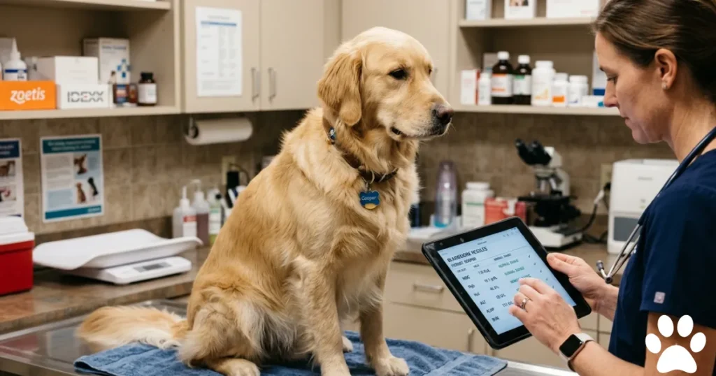 Canine Epilepsy in Dogs: Veterinarian reviewing bloodwork results for canine epilepsy diagnosis in adult Golden Retriever