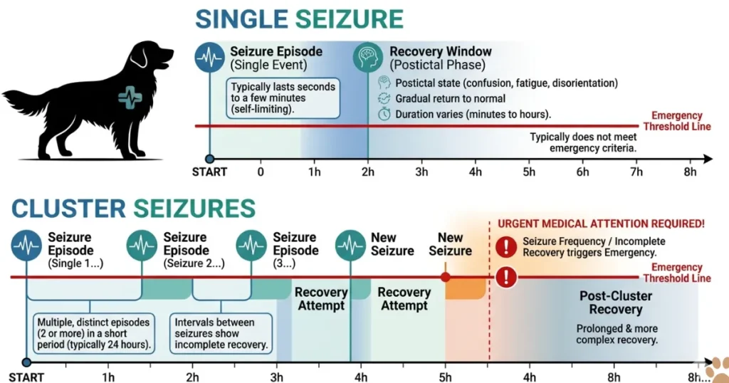 Cluster Seizures in Dogs: Infographic comparing cluster seizures in dogs versus single seizure episode recovery timeline