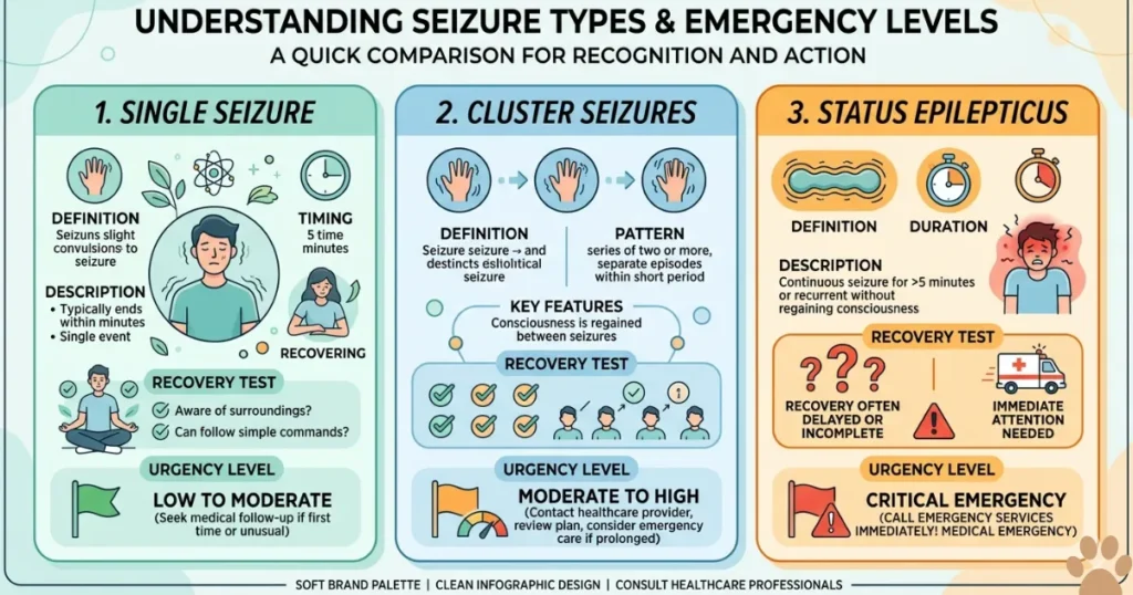 Cluster Seizures in Dogs: Chart comparing single, cluster, and status epilepticus seizures in dogs