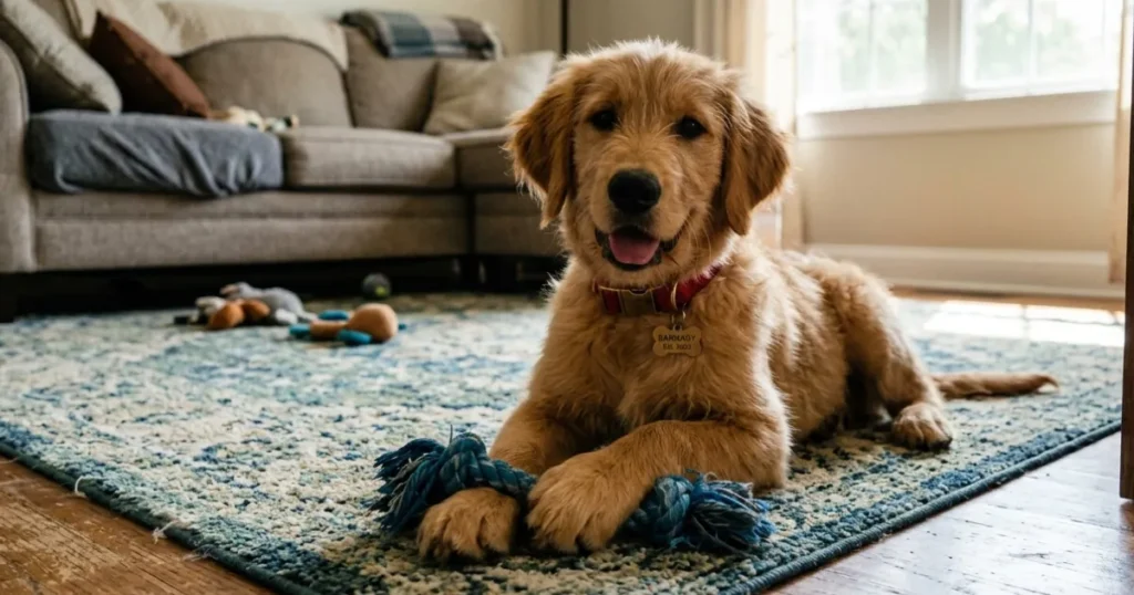 Dog 1 Year: Golden Retriever puppy Sunny, puppy age chart example.