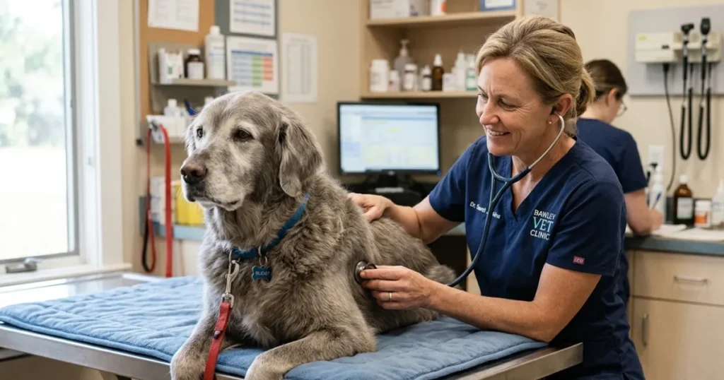 Dog 10 Years: Vet screening a senior Golden Retriever for age-related health risks.