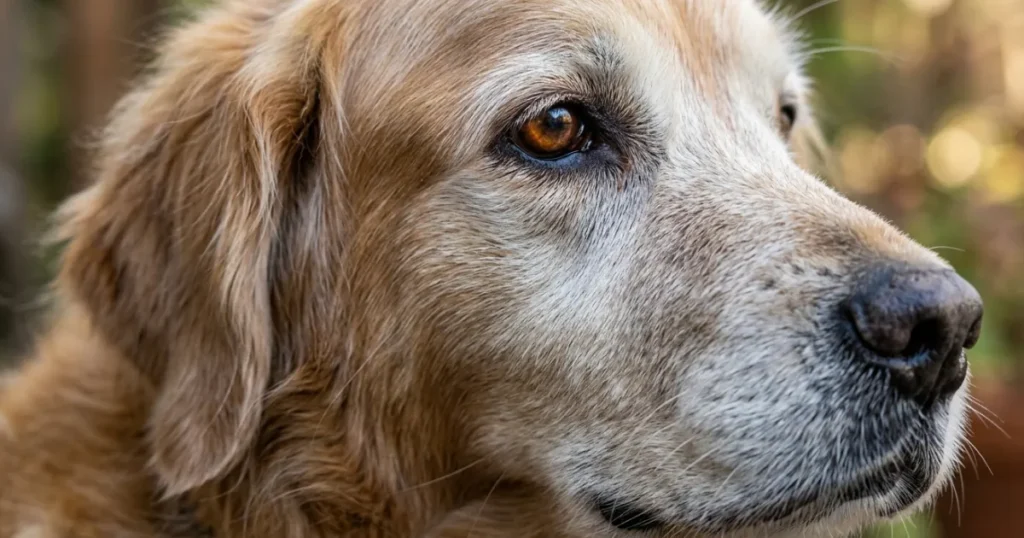 Dog Age: Older Golden Retriever's eye and gray muzzle used to estimate age.