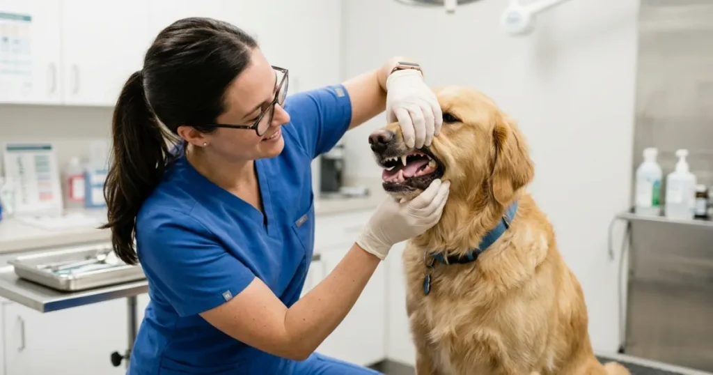 Dog Age: Vet estimating a dog's age from its teeth when the birthday is unknown.