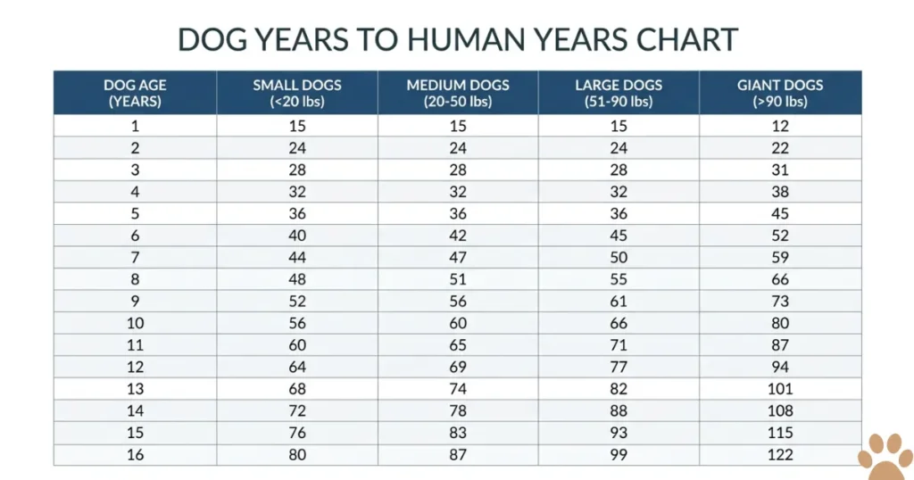 Dog Age Chart in Human Years: Dog years to human years chart by size, small to giant breeds.