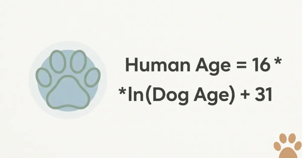 Dog Age Formula: The dog age formula, human age equals 16 times ln of dog age plus 31.