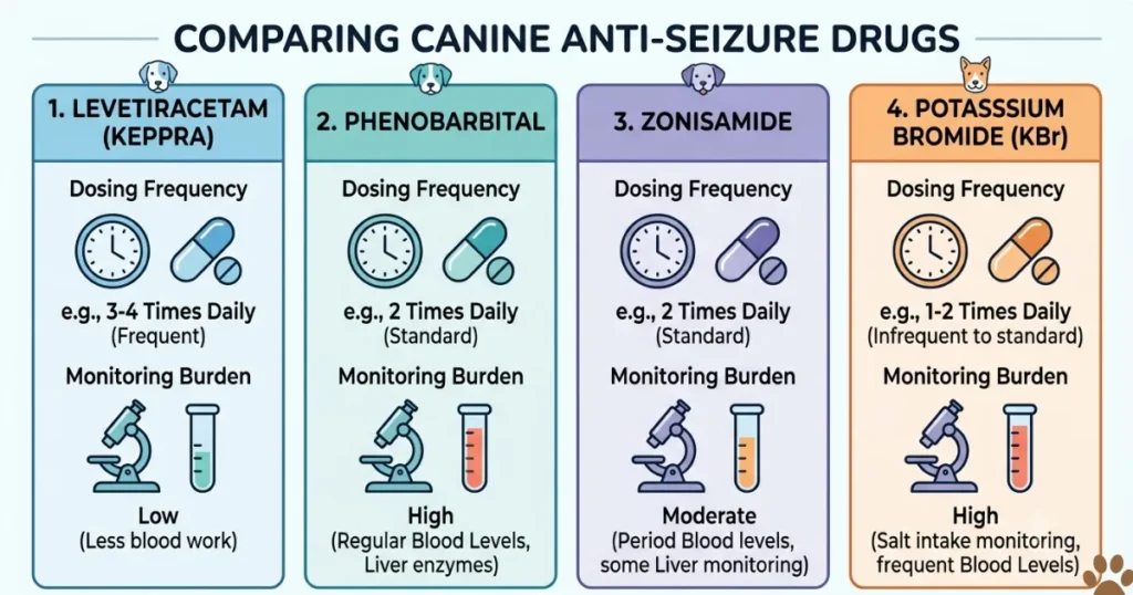Dog Epilepsy Medication: Dog epilepsy medication comparison chart for phenobarbital, levetiracetam, bromide, imepitoin