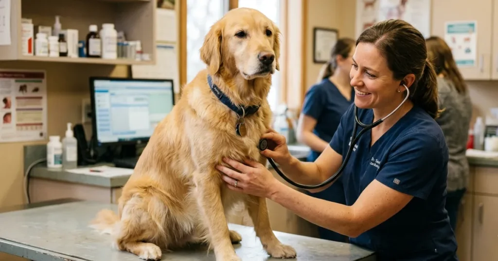 Dog Epilepsy Medication: Veterinarian assessing a Golden Retriever after seizures for epilepsy treatment.
