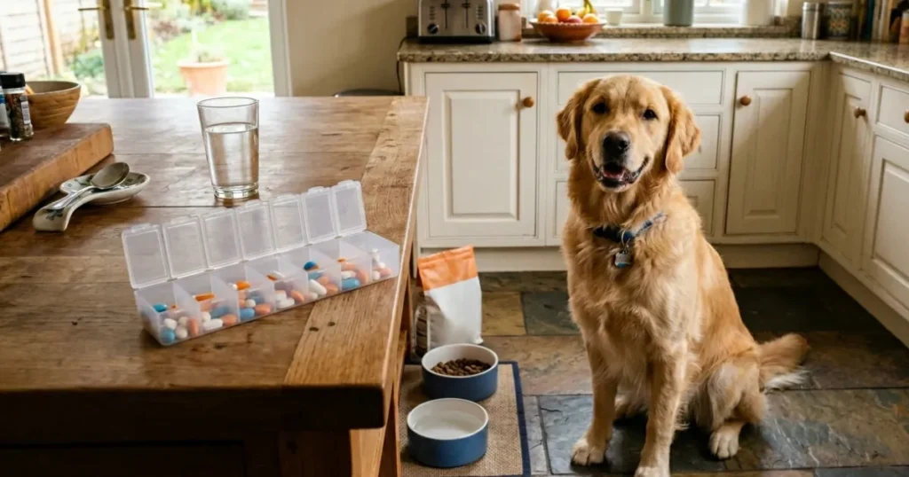 Dog Epilepsy Medication: Golden Retriever beside daily dog epilepsy medication organizer at home.