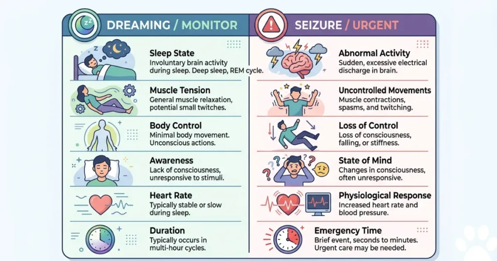Dog Fitting in Sleep: Chart comparing dog dreaming versus a dog fitting in sleep seizure signs